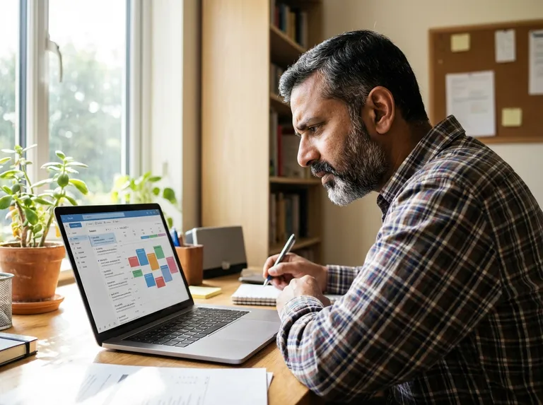 A person focused on email and planning tasks at a laptop