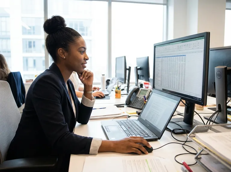 A young Black woman focused on spreadsheet analysis at her desk