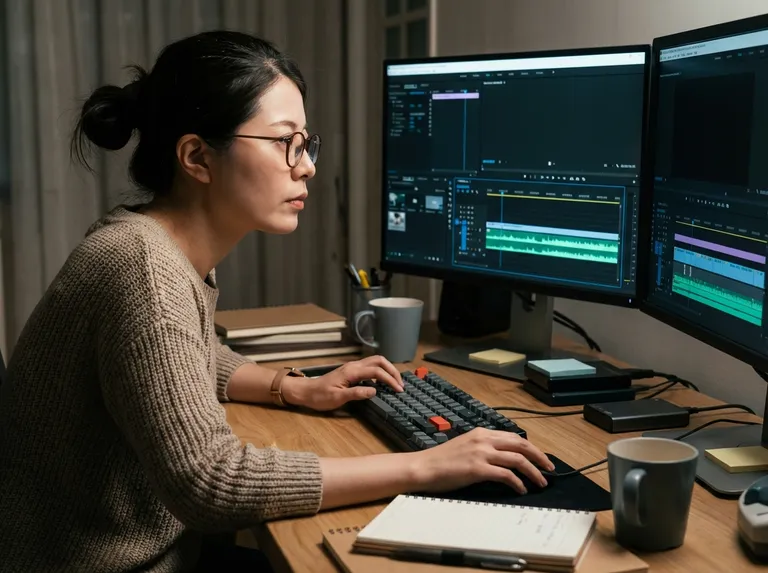 A person focused on editing a video timeline and audio tracks